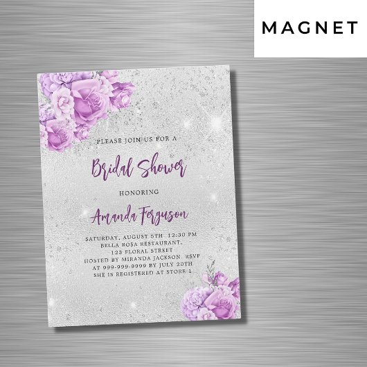 Invitation Magnétique Fête des mariées de luxe de fleurs violet rose arg