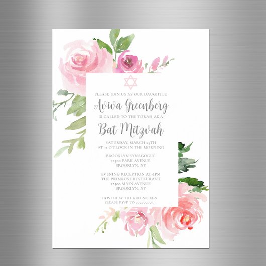 Invitation Magnétique Fête élégante de Bat Mitzvah à l'aquarelle fleurie