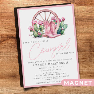 Invitation Magnétique Fête Prénatale Baby Shower Rose Cowgirl Cactus Wes