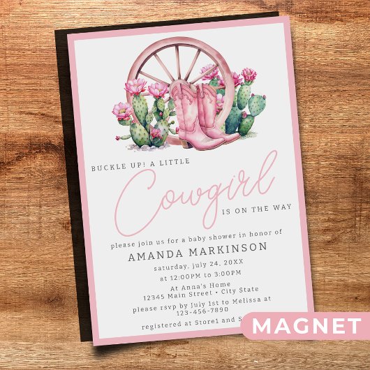 Invitation Magnétique Fête Prénatale Baby Shower Rose Cowgirl Cactus Wes