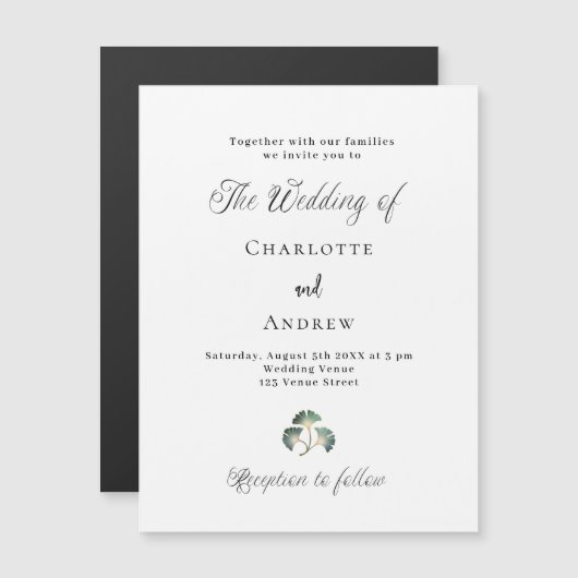 Invitation Magnétique feuillage vert mariage ginkgo feuillets script sim (Devant / Derrière)