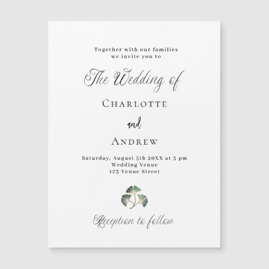 Invitation Magnétique feuillage vert mariage ginkgo feuillets script sim (Devant)