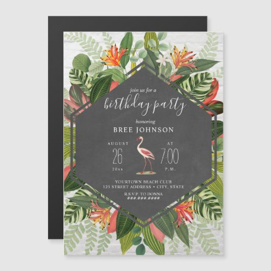 Invitation Magnétique Flamant rose botanique tropical Anniversaire (Devant / Derrière)