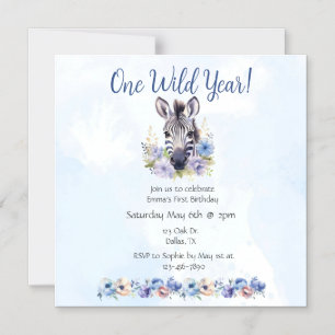 Invitation Magnétique Fleur bleue Zèbre Anniversaire