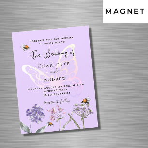 Invitation Magnétique Fleur sauvage papillon rose violet mariage de luxe