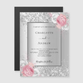Invitation Magnétique Fleuron rose argent blanc fleuris mariage de luxe (Devant / Derrière)