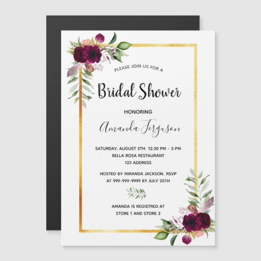 Invitation Magnétique Fleurons de douche nuptiale or vert boho bordeaux (Devant / Derrière)