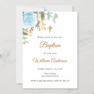 Invitation Magnétique Fleurs bleues de baptême garçon doré