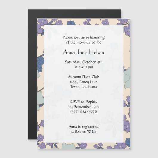 Invitation Magnétique Fleurs bleues, Fleurs violettes, Baby Shower (Devant / Derrière)