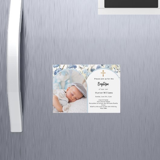 Invitation Magnétique Fleurs bleues photo arc garçon cross Baptême