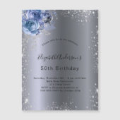 Invitation Magnétique Fleurs d'argent bleu anniversaire parties scintill (Devant)