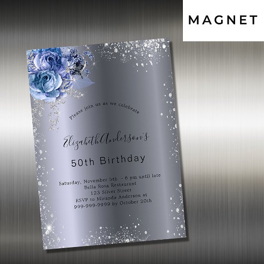 Invitation Magnétique Fleurs d'argent bleu anniversaire parties scintill