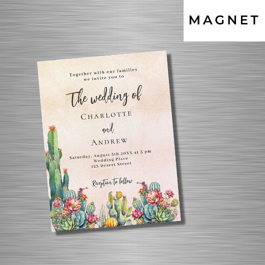 Invitation Magnétique Fleurs de Cactus rose rustique or mariage de luxe