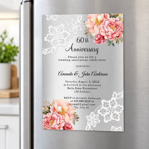 Invitation Magnétique Fleurs roses argentées 60e anniversaire de mariage
