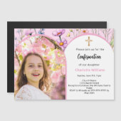 Invitation Magnétique Fleurs roses photo arc fille Confirmation (Devant / Derrière)