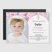 Invitation Magnétique Fleurs roses photo arc fille croiser Baptême (Devant / Derrière)