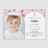 Invitation Magnétique Fleurs roses photo arc fille croiser Baptême (Devant)