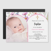 Invitation Magnétique Fleurs roses photo arc fille croiser Baptême (Devant / Derrière)
