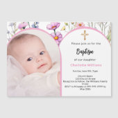 Invitation Magnétique Fleurs roses photo arc fille croiser Baptême (Devant)
