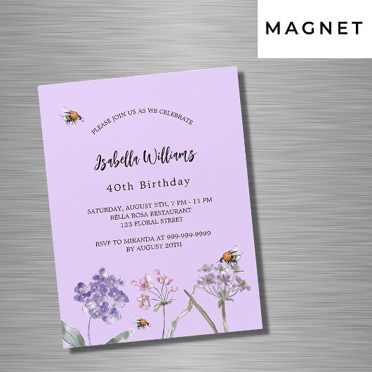 Invitation Magnétique Fleurs sauvages de fête d'anniversaire violet rose