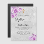 Invitation Magnétique Fleurs violet rose argent fille luxe Baptême (Devant / Derrière)