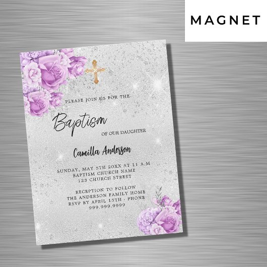 Invitation Magnétique Fleurs violet rose argent fille luxe Baptême
