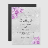 Invitation Magnétique Fleurs violet rose argent mariage de luxe (Devant / Derrière)