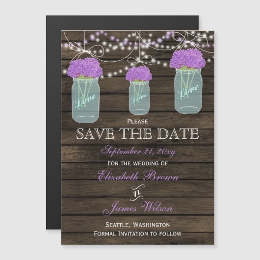 Invitation Magnétique Fleurs violettes Mason Jars Grange Mariage en bois (Devant / Derrière)