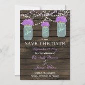 Invitation Magnétique Fleurs violettes Mason Jars Grange Mariage en bois (Recto)