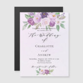 Invitation Magnétique Fleurs violettes rose verdure mariage de luxe (Devant / Derrière)