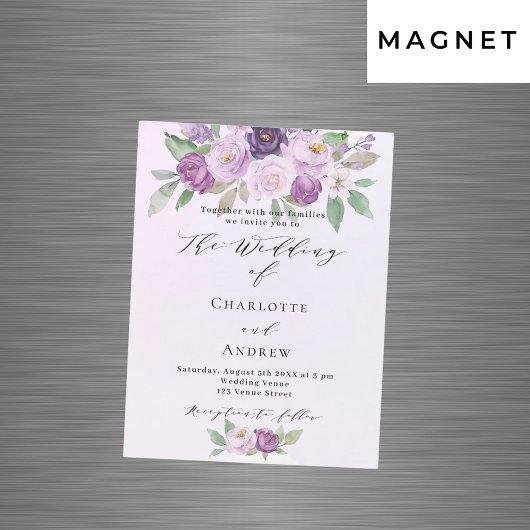 Invitation Magnétique Fleurs violettes rose verdure mariage de luxe