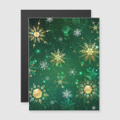 Invitation Magnétique Flocons de neige dorés de Noël sur fond vert (Devant / Derrière)