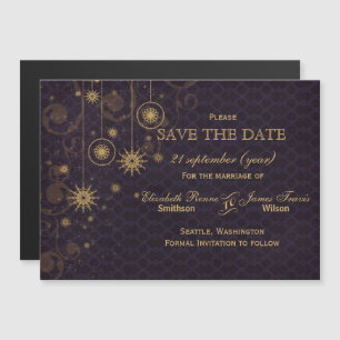 Invitation Magnétique flocons d'or violet L'hiver sauve la date
