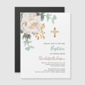 Invitation Magnétique Floral blanc verdure or croix luxe baptême (Devant / Derrière)