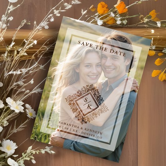 Invitation Magnétique Floral Ornate Frame Diamond Shape Wedding Initials