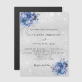 Invitation Magnétique Floraux bleu argent élégant mariage de luxe (Devant / Derrière)