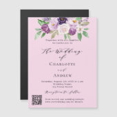 Invitation Magnétique Flores violets roses QR détails RSVP mariage de lu (Devant / Derrière)