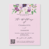 Invitation Magnétique Flores violets roses QR détails RSVP mariage de lu (Devant)