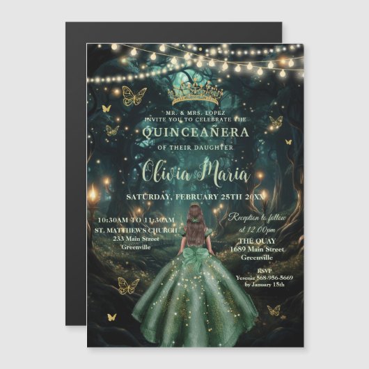 Invitation Magnétique Forêt Enchantée Robe Émeraude Quinceañera (Devant / Derrière)