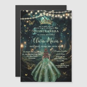 Invitation Magnétique Forêt Enchantée Robe Émeraude Verte Quinceañera