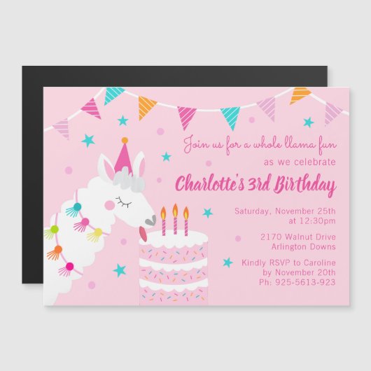 Invitation Magnétique Gâteau tout Llama amusant 3e anniversaire rose (Devant / Derrière)