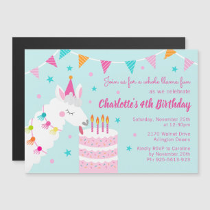 Invitation Magnétique Gâteau tout Llama amusant 4e anniversaire Aqua