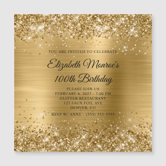 Invitation Magnétique Glittery Gold Foil 100e anniversaire (Devant)