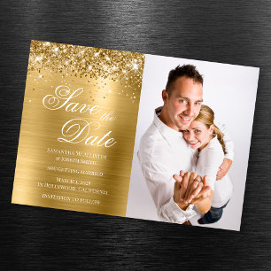 Invitation Magnétique Glittery Gold Foil Photo Enregistrer la date