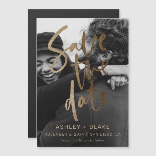 Invitation Magnétique Gold Calligraphy Photo Enregistrer la date (Devant / Derrière)