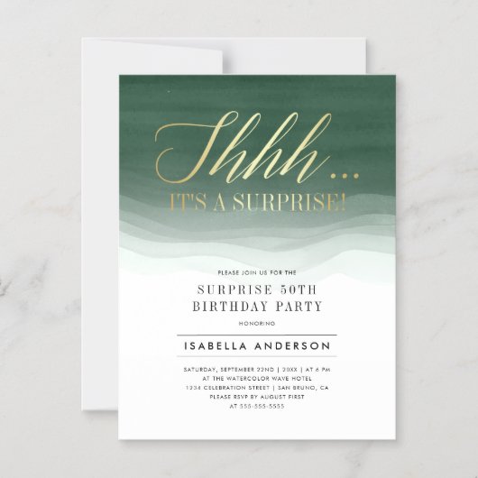 Invitation Magnétique Gold & Emerald Vert Aquarelle Surprise Anniversair (Recto)