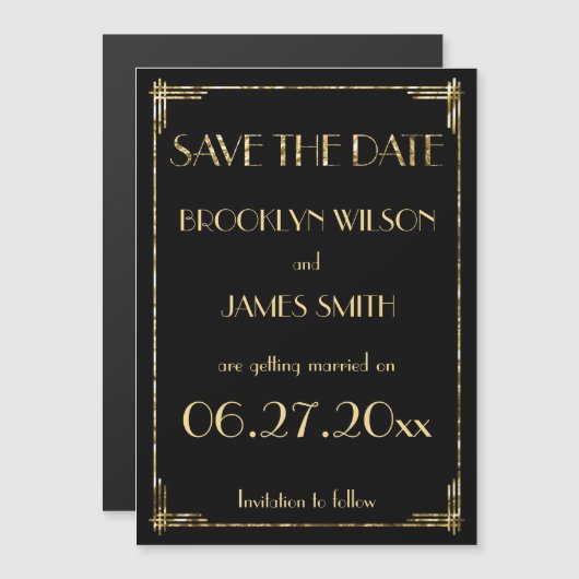 Invitation Magnétique Gold Foil Magnetic Art Déco Mariage Enregistrer La (Devant / Derrière)