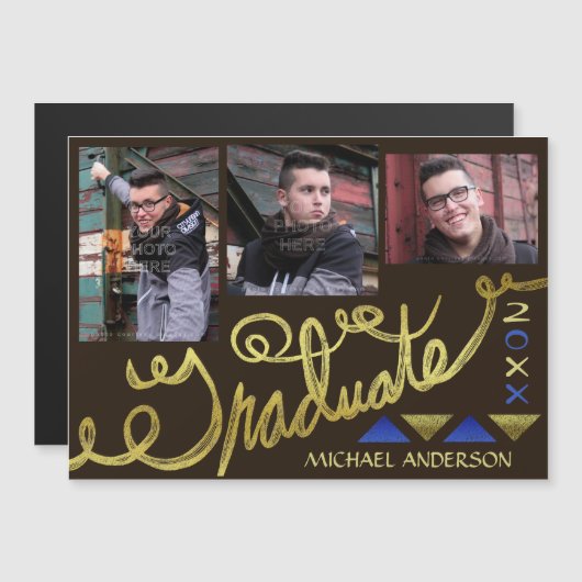 Invitation Magnétique Graduation 2023 Faux Gold Typography Photo Collage (Devant / Derrière)