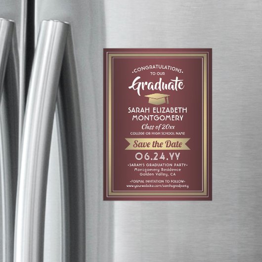 Invitation Magnétique Graduation Enregistrer la date Bourgogne Rouge Or 