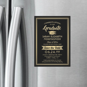 Invitation Magnétique Graduation Enregistrer la date Elégant Noir et Or